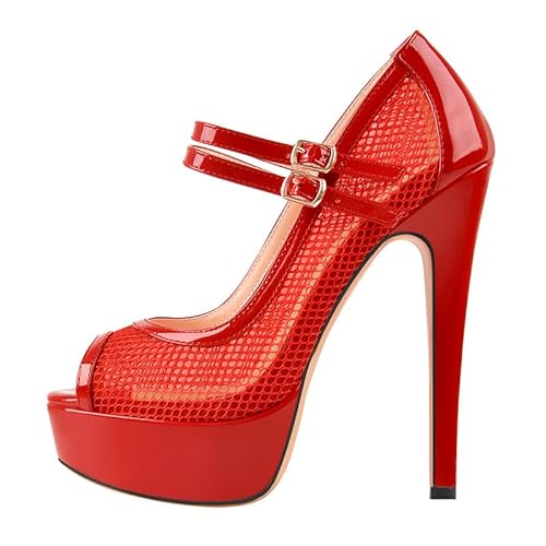 MissHeel Plateau Mary Janes Mesh Riemchenpumps High Heels Schnallen Knöchelschnallen Rot 41 EU von MissHeel