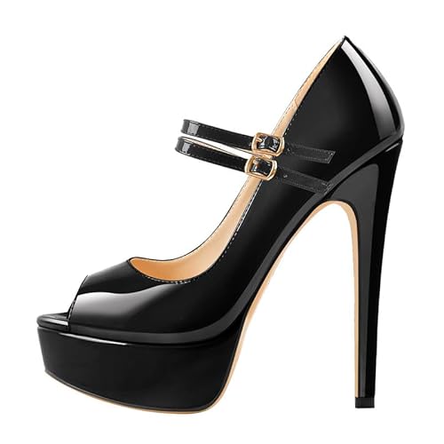 MissHeel Plateau Mary Janes Mesh Riemchenpumps High Heels Schnallen Knöchelschnallen Schwarze Pumps 38 EU von MissHeel