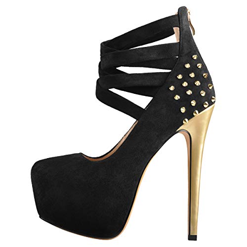 MissHeel Plateau Mary Janes Riemchenpumps mit Nieten Gold Schwarz Faux Suede Pumps EU 46 von MissHeel