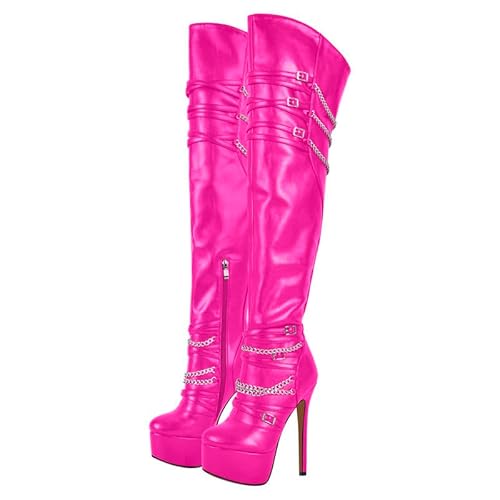 MissHeel Plateau Overknee Stiefel mit Pfennigabsatz Stilettos verzierte Metallketten High Heels Rosa EU 44 von MissHeel