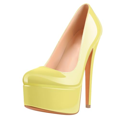 MissHeel Plateau Pumps High Heels Klassische Absatzschuhe Slip On High Heels Gelb EU45 von MissHeel