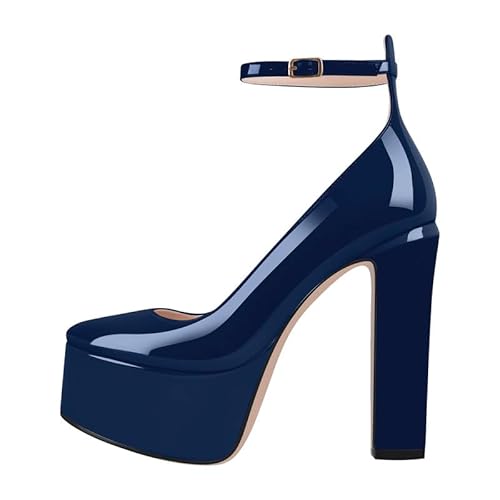 MissHeel Plateau Pumps Mary Janes Riemchenpumps mit Schnallen Riemchenschnallen Knöchelriemchen Blockabsatz Dunkelblau 37 EU von MissHeel