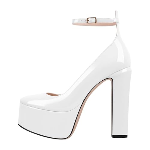 MissHeel Plateau Pumps Mary Janes Riemchenpumps mit Schnallen Riemchenschnallen Knöchelriemchen Blockabsatz Weiß 35 EU von MissHeel