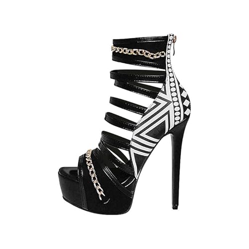 MissHeel Plateau Sandaletten Knöchelschnallen Reißverschluss High Heels Metallketten Zebras Reißverschluss Pfennigabsatz Stilettos Schwarz EU 45 von MissHeel