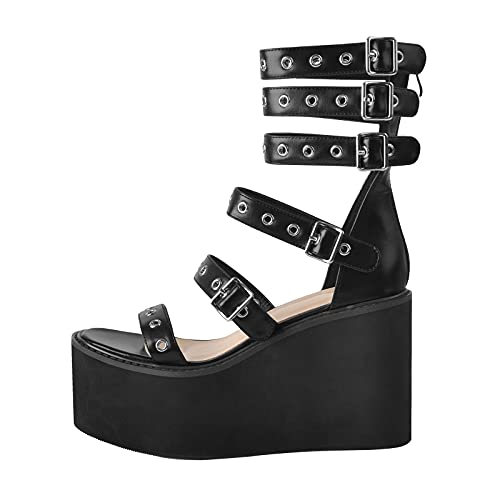 MissHeel Plateau Sandaletten mit Keilabsatz Absatzsandalen mit Knöchelschnallen Goth Stöckelschuhe Cool Punk Schwarz EU 40 von MissHeel