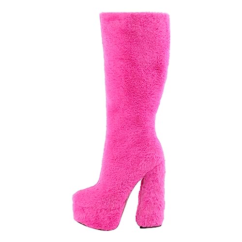 MissHeel Plateau Stiefel mit Blockabsatz Langschaft Stiefel Flauschig Pink EU 46 von MissHeel