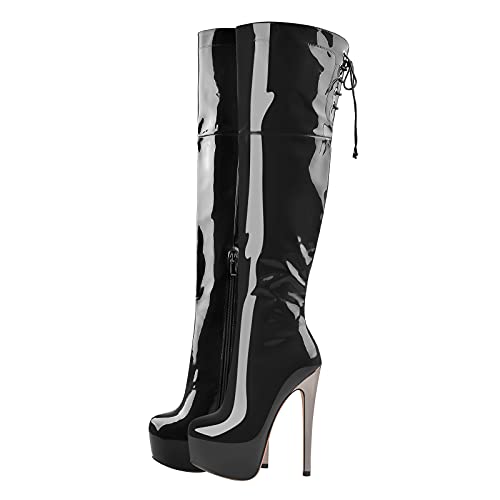 MissHeel Plateau Stiefel mit Pfennigabsatz Langschaftstiefel Sexy Stiletto Boots Schwarz Lack EU 45 von MissHeel