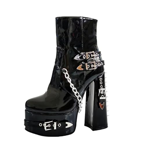 MissHeel Plateau Stiefeletten Blockabsatz Gothic Punk Stil Boots verzierte Schnallen Metallketten Knöchelstiefel Schwarz EU 37 von MissHeel
