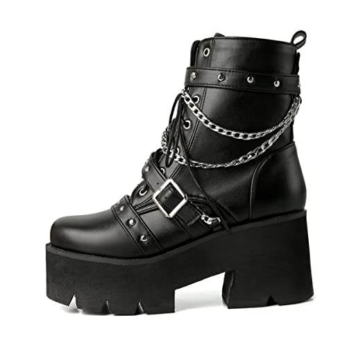 MissHeel Plateau Stiefeletten Schnürstiefel mit Blockabsatz Metallketten Punk Gothic Boots Schwarz EU 43 von MissHeel