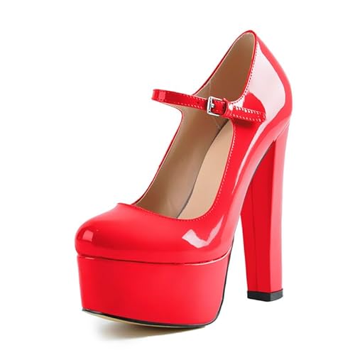 MissHeel Platform Mary Jane Plateauschuhe mit Knöchel Schnalle High Heels Rot EU 40 von MissHeel