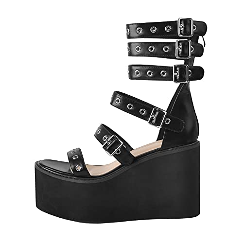 MissHeel Platform Sandals Wedges Ankle Straps High Heel Blockabsatz 10 cm Cool Punk Gothic dark Style Summer Shoes Black EU 43 von MissHeel