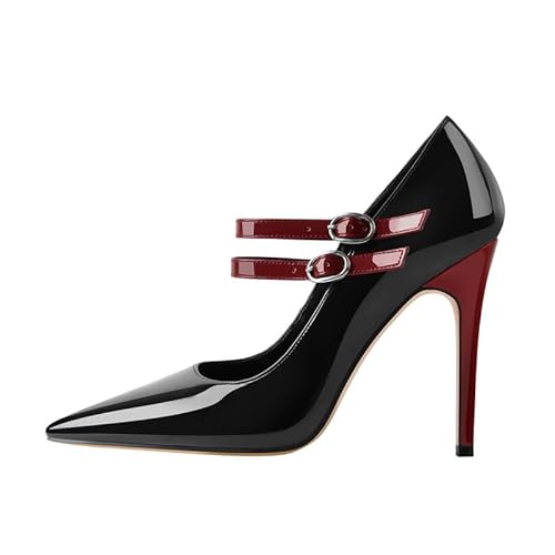 MissHeel Pointed Toe High Heels Classic Pumps Mary Jane Stilettos WineRed & Black EU 41 von MissHeel