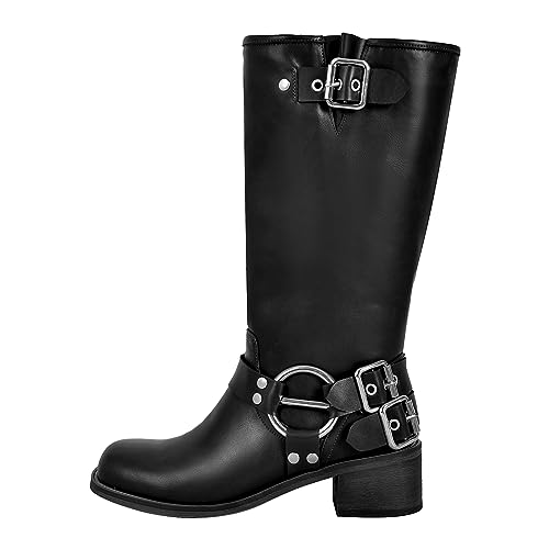 MissHeel Reitstiefel Mid Calf Biker Boots Langschaft Stiefel mit Blockabsatz Schwarz EU 41 von MissHeel