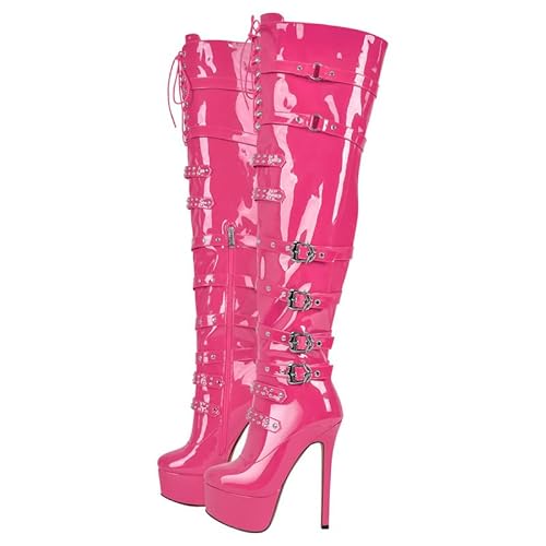 MissHeel Schnüren Plateau Overknee Stiefel mit Pfennigabsatz Nietenband Schnallen Bikerstiefel Reißverschluss Überknie Lange Stiefel Fuchsia EU 43 von MissHeel