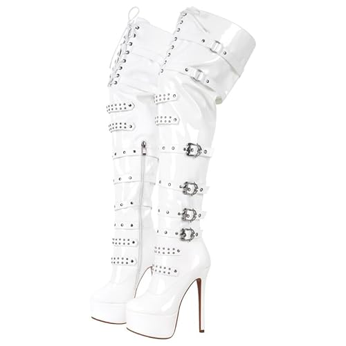 MissHeel Schnüren Plateau Overknee Stiefel mit Pfennigabsatz Nietenband Schnallen Bikerstiefel Reißverschluss Überknie Lange Stiefel Weiß EU 41 von MissHeel