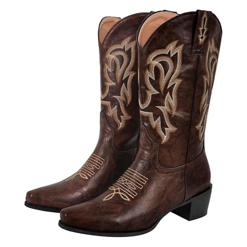 MissHeel Westernstiefel Cowboy Boots Damen Stiefel Stickerei Stiefel mit spitzer Zehe und breiter Wade Braun 41 EU von MissHeel