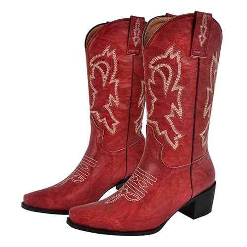 MissHeel Westernstiefel Cowboy Boots Damen Stiefel Stickerei Stiefel mit spitzer Zehe und breiter Wade Rot 38 EU von MissHeel
