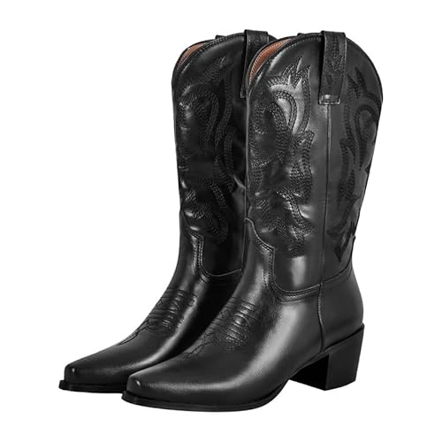MissHeel Westernstiefel Cowboy Boots Damen Stiefel mit mittlerer Wade Westernboots mit Ziernaht Schwarz 37 EU von MissHeel