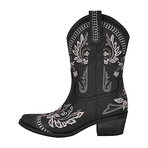 MissHeel Westernstiefel Cowgirl Boots Kurzschaft Stiefel verzierte Stickerei Holzabsatz Schwarz EU 39 von MissHeel