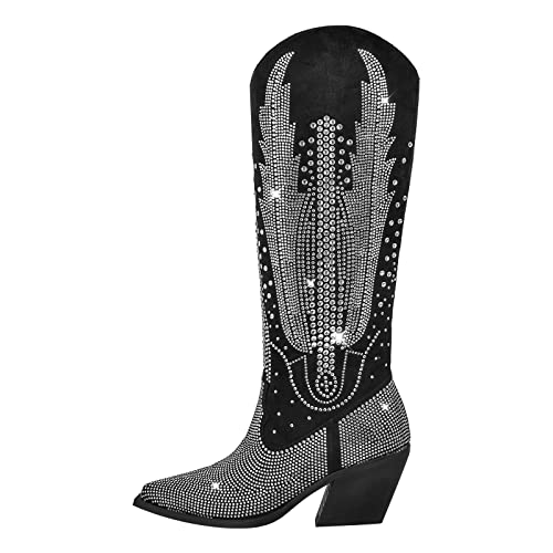 MissHeel Westernstiefel mit Trichterabsatz Cowboystiefel Reißverschluss Zipper Boots Schmucksteinen High Heels Schwarz EU 40 von MissHeel