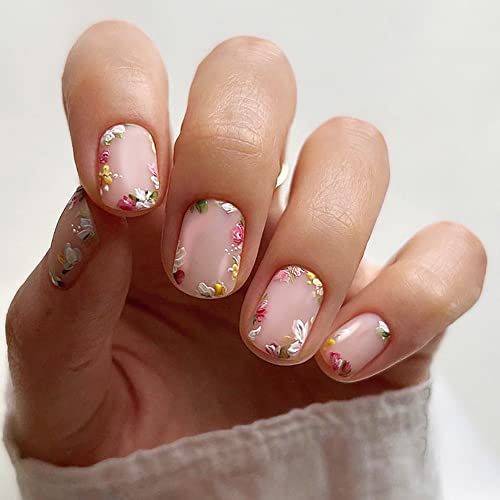 Nägel Zum Aufkleben Eckig Kurz, 24 Stück Nude Blumen Künstliche Nägel, Frühling Kunstnägel Press on Nails, Acryl Square Fingernägel Fake Nails Kurz für Frauen von MissJelly
