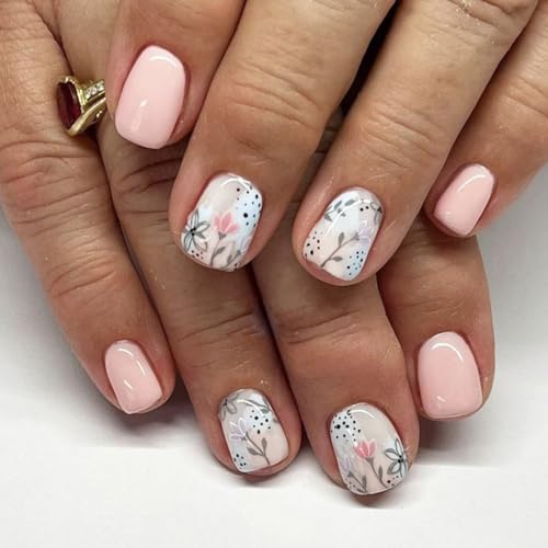 24 Stück Blumen Press on Nails Viereckig Kurz, Rosa Künstliche Nägel Zum Aufkleben Blumen Square Short, Square Frühling Fingernägel Fake Nails Kurz für Frauen von MissJelly