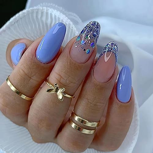 24 Stück Mandel Nägel Zum Aufkleben Mittel, Blaue French Press on Nails Künstliche Nägel mit Design, Oval Glitzer Acryl Fingernägel Fake Nails, Sommer Falsche Nägel für Frauen Mädchen von MissJelly
