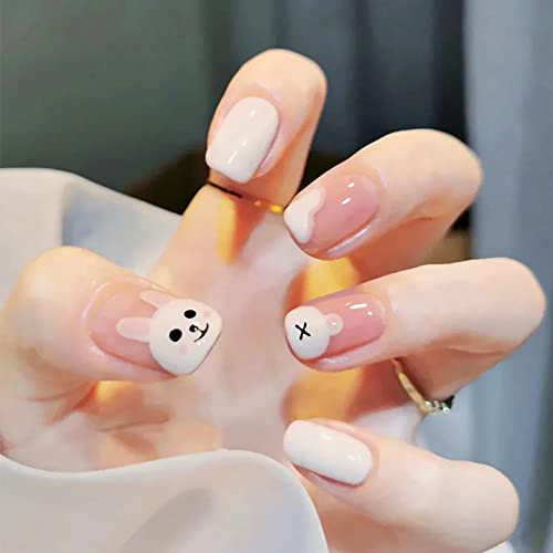 24 Stück Press on Nails Eckig Kurz, Ostern Nägel Zum Aufkleben Weiß Hase Künstliche Nägel, Nude Square Fingernägel Fake Nails für Frauen und Mädchen von MissJelly