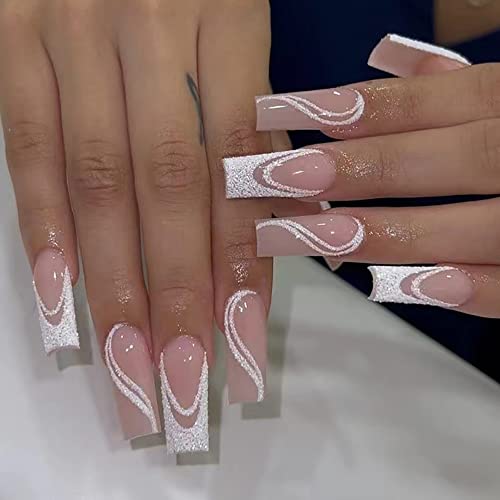 24 Stück Weiß Nägel Zum Aufkleben Lang, Coffin Glitzer French Künstliche Nägel, Ballerina Kunstnägel Press on Nails, Acryl Fingernägel Fake Nails Lang für Frauen von MissJelly