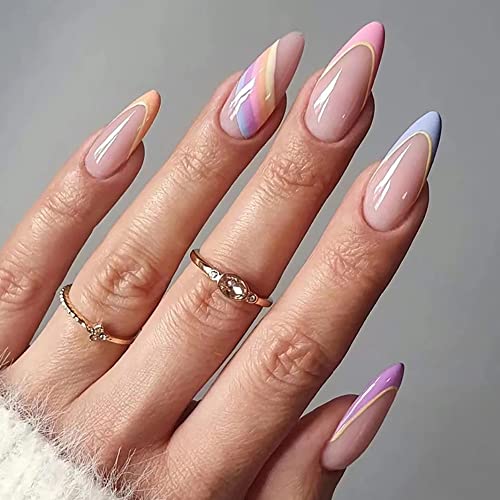 Künstliche Nägel Zum Aufkleben,Rainbow Press on Nails Mandel Long French Nägel Zum Aufkleben Lang für Frauen und Mädchen (24 Stück) von MissJelly