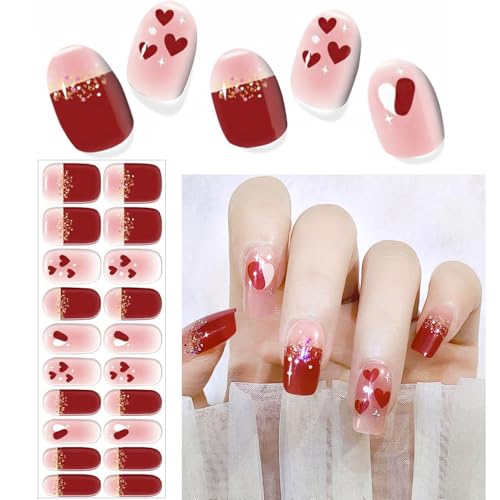 Valentinstag Nagelsticker, Valentinstag UV Gel Nagelfolie Härtend, UV Nagelfolie Selbstklebend Valentinstag Gel Nägelsticker Nagellack Aufkleber Rot Herz Nail Art Gel Strips für Nagel (20PCS) von MissJelly