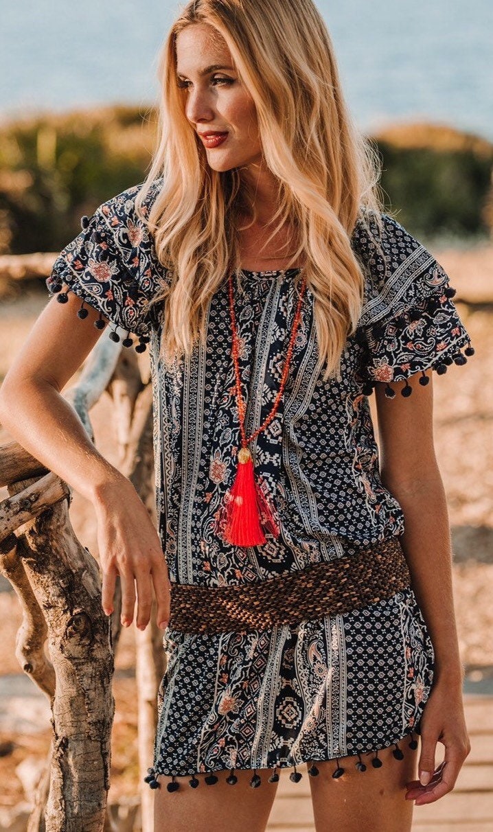 Marineblau Kurzes Sommerkleid, Boho Kurzes Kleid, Strandkleid, Blusenkleid, Resort Urlaub Kleid Fiji Dress von MissKitschStore