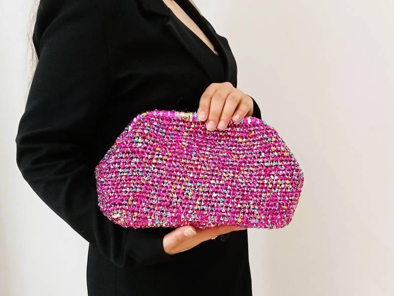 Metallic Pink Crochet Raffia Clutch Bag, Damen Abend Sommertasche, Wicker Beach Strandhochzeitspartytasche, 18 Jahre Altes Mädchen Geschenk von MissLifeStore