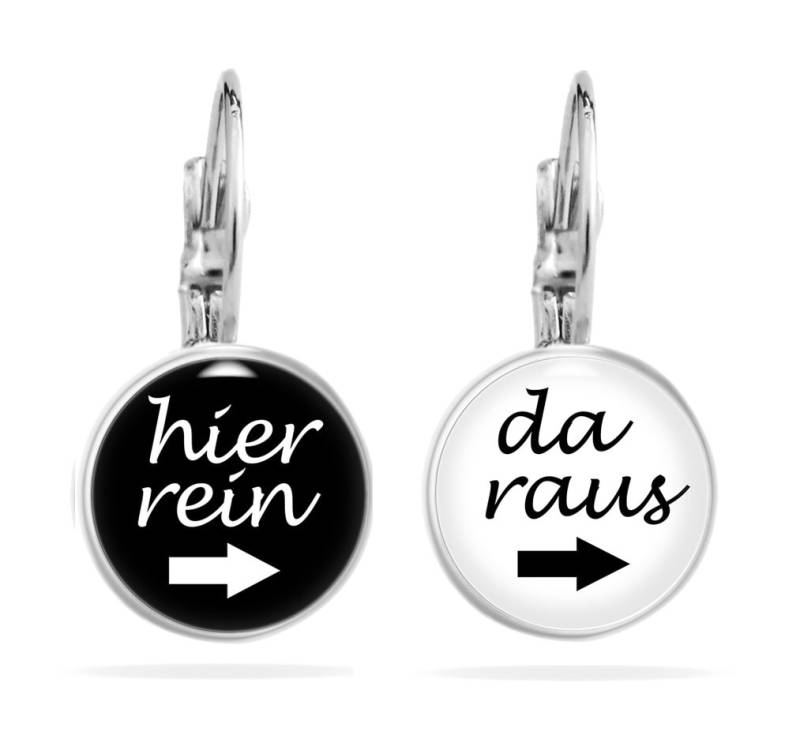 statement Ohrringe, Ohrringe Spruch, Hier Rein Da Raus Schwarz Weiß, Lustig, Huggie Teenager Mädchen Geschenk von MissLovieJewelry