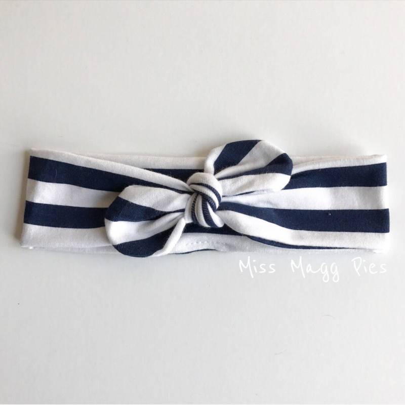 Dunkelblauer Und Weißer Streifen Top Knoten Stirnband/Verstellbares Kopfwickel Kleinkind Baby Stil Erwachsene von MissMaggPies