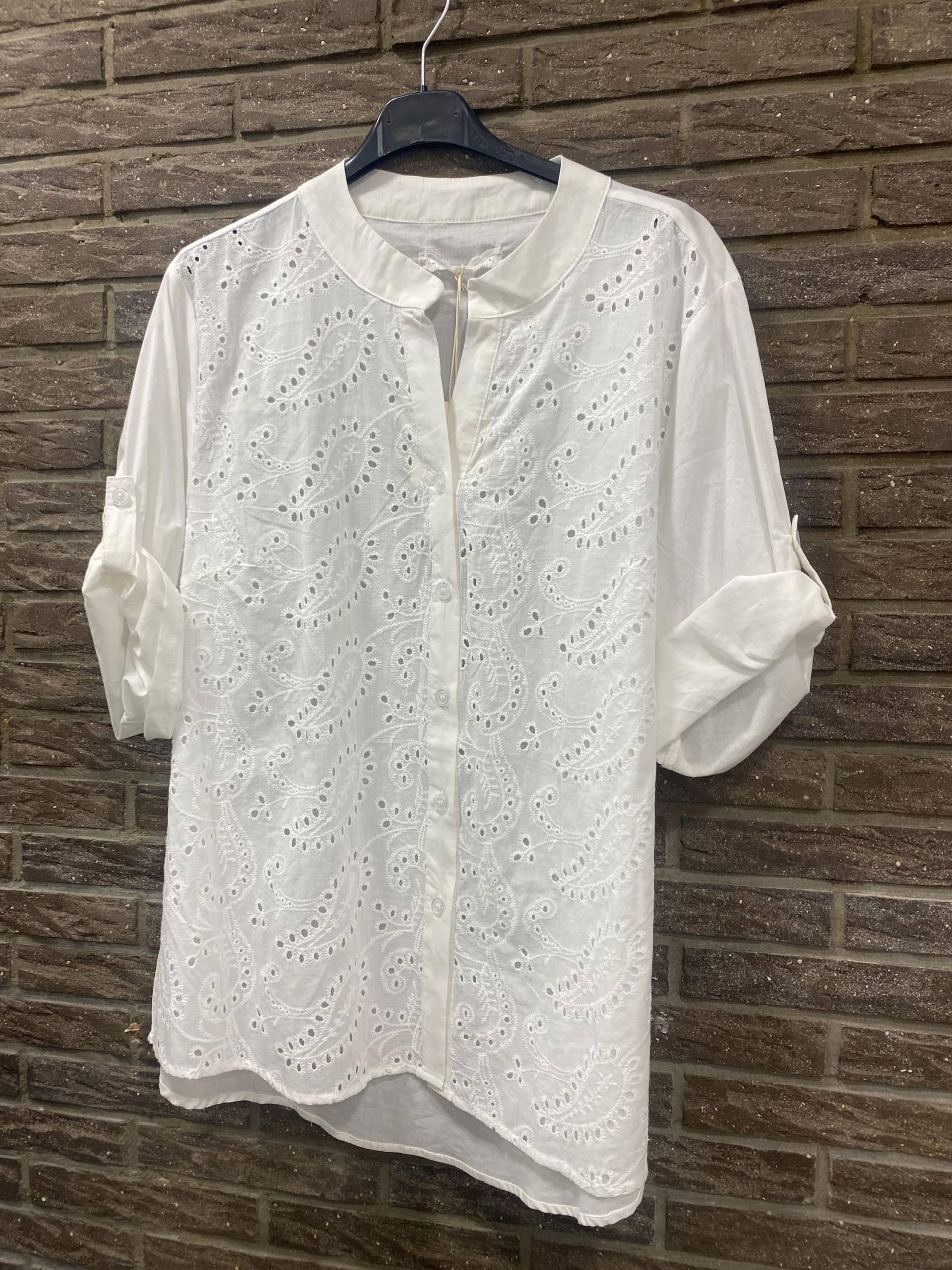 Weiße Damen Bluse Aus 100% Baumwolle Mit Lochstickerei, Boho Tunika, Sommer Oberteil, Langarm Hochkrempelbar, Leicht Und Luftig von MissNugi