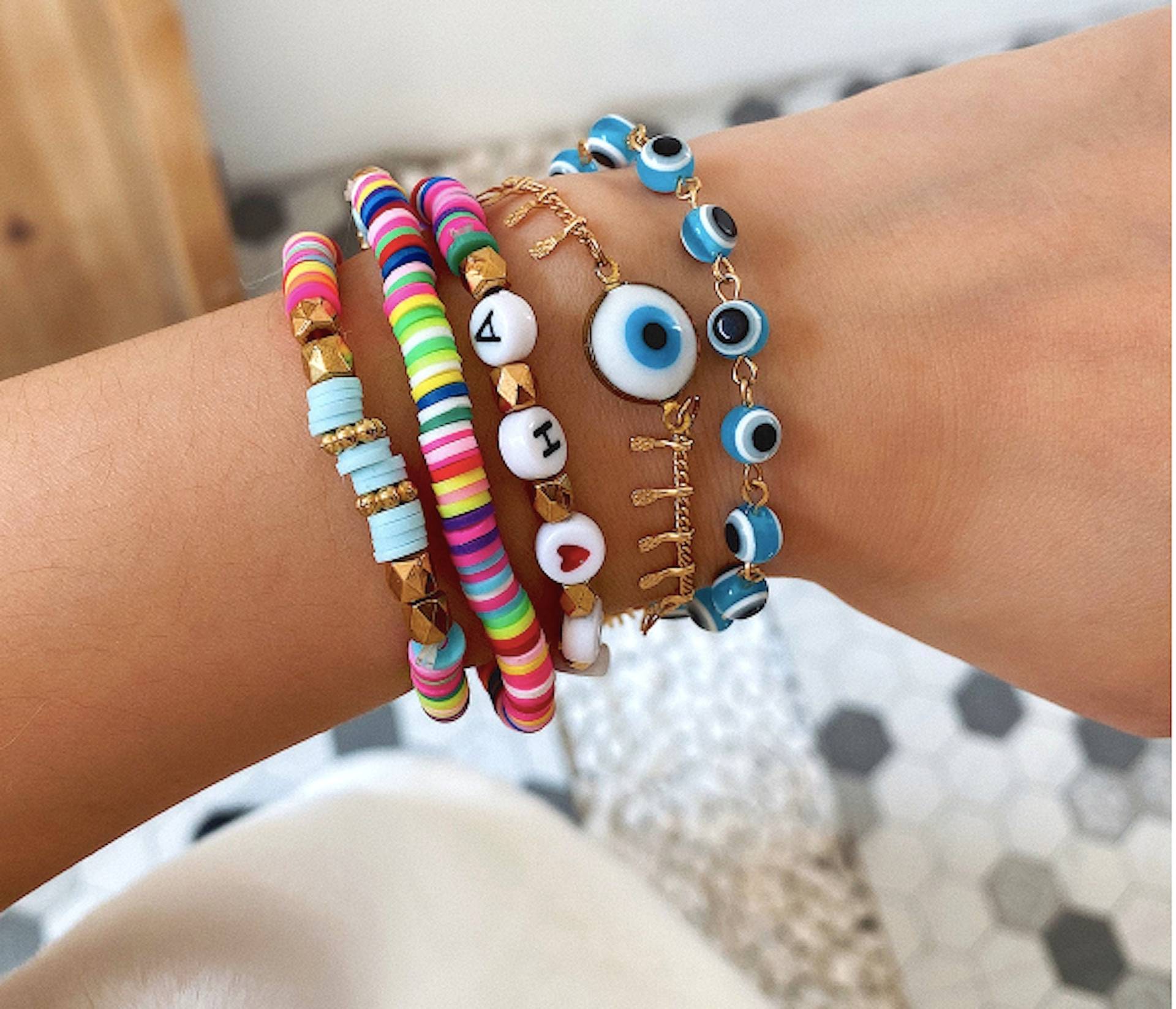 5 Heishi Evil Eye Hamsa Bunte Stapelbare Perlen Disc Armband Frau Mädchen Kinder, Schutz Armband, Geschenk Für Mädchen, Boho Hippie von MissPrincessStore