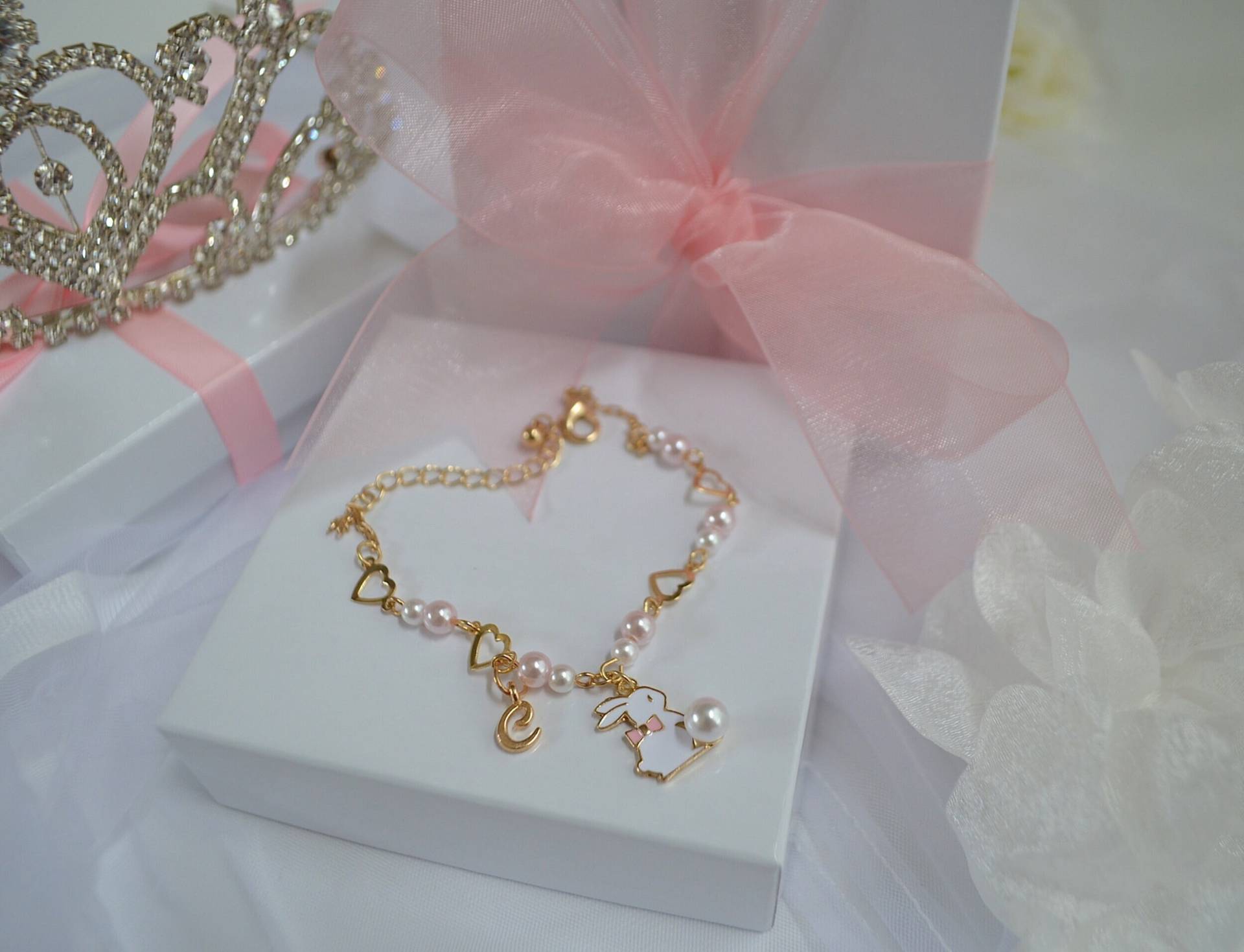 Perlenarmband Rosa, Gold Kinder Perlenarmband, Herz Mädchen Armband, Geschenk Für Mädchen, Freundschaftsarmband, Babyarmband von MissPrincessStore