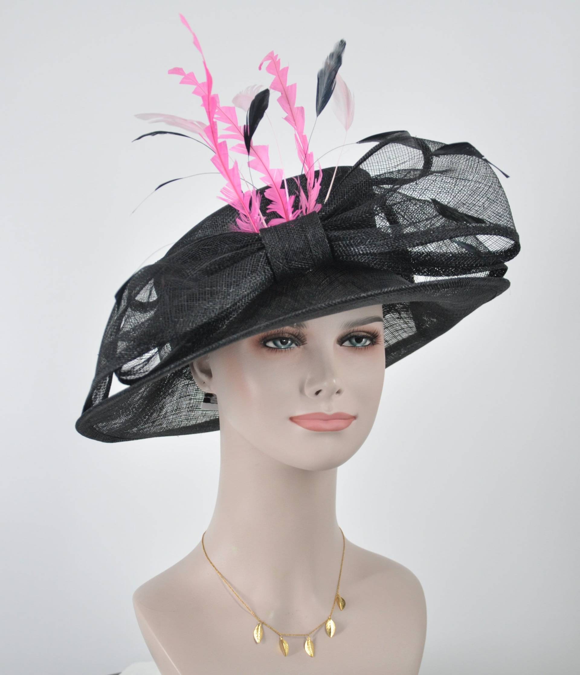 Breiter Krempe Kentucky Derby Floppy Sinamay Hut Mit Blumen Schwarz W Rosa Blassrosa Federn von MissRaceKentuckyHat