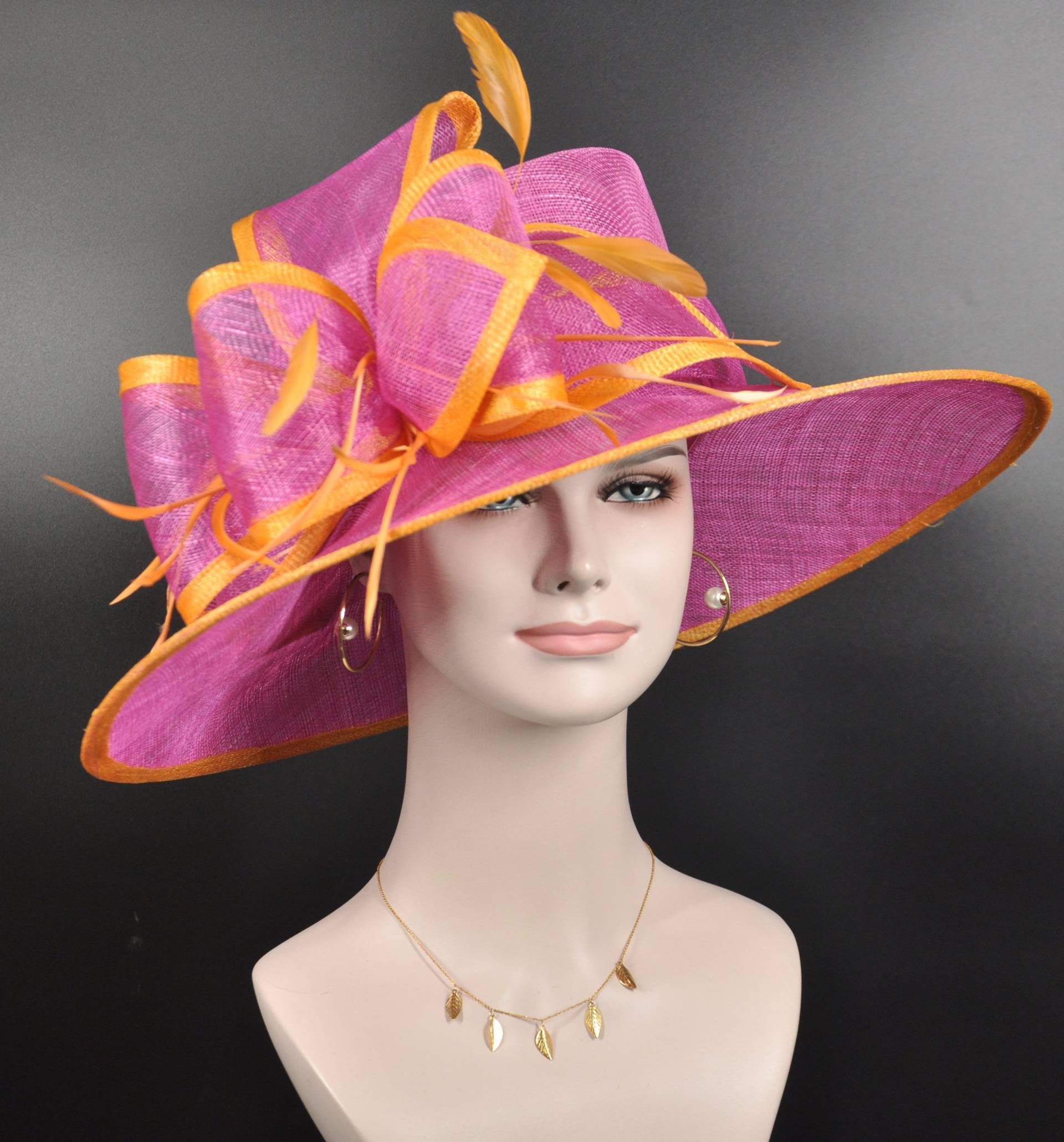 Kirche Kentucky Derby Hut Kutsche Teeparty Hochzeit Royal Ascot Mit Breiter Krempe in Festem Sinamay Pink Orange von MissRaceKentuckyHat