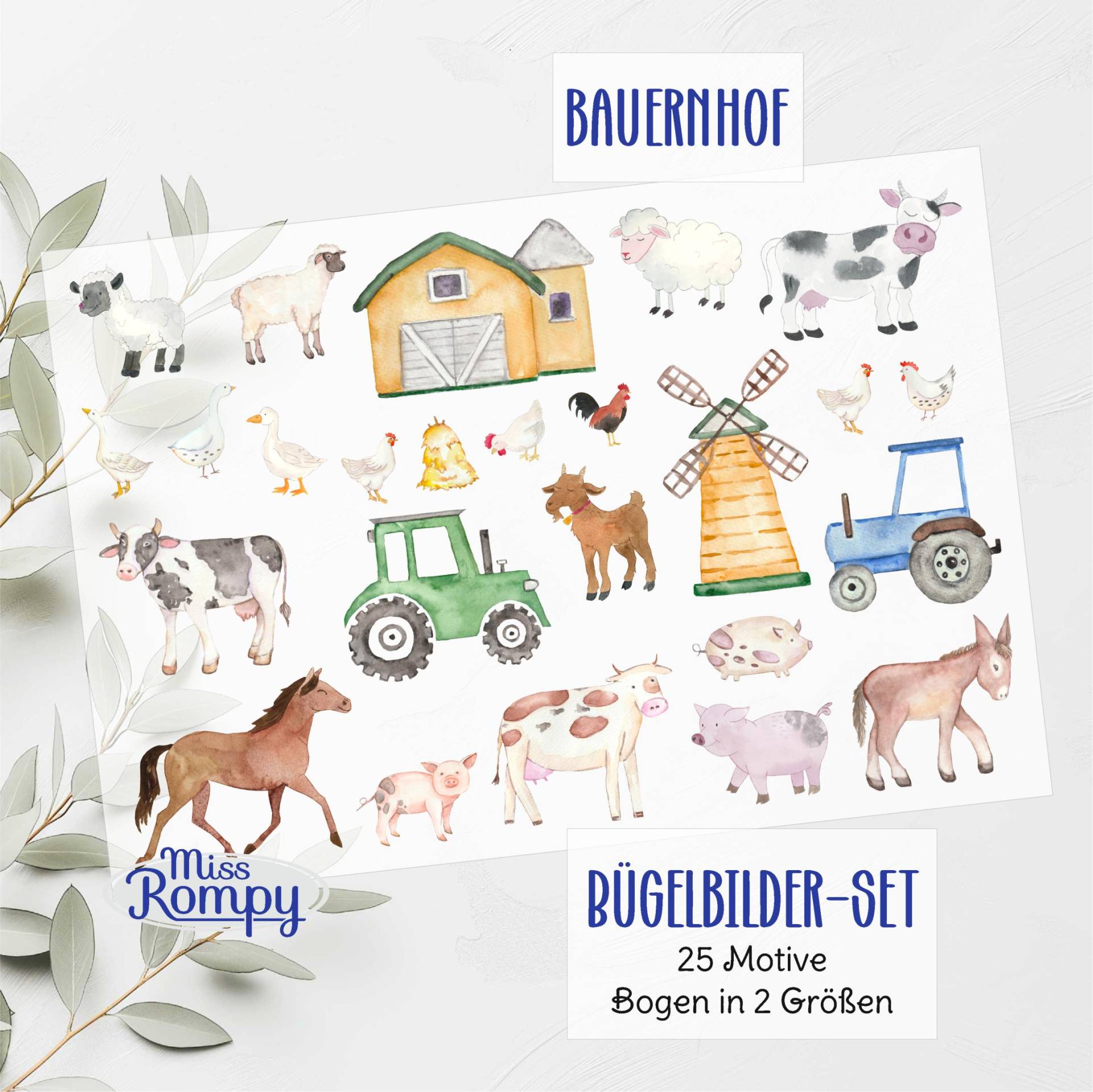 Bauernhof, | 099, Traktor, 25 Bunte Aquarell Bügelbilder, Tiere, Zum Aufbügeln, Bügelbild, Set, Aufbügler, Applikation, Bügelsticker Bauernhof, | 099, Traktor, 25 Bunte Aquarell Bügelbilder, Tiere, Zum Aufbügeln, Bügelbild, Set, Aufbügler, Applikation, Bügelsticker von MissRompy