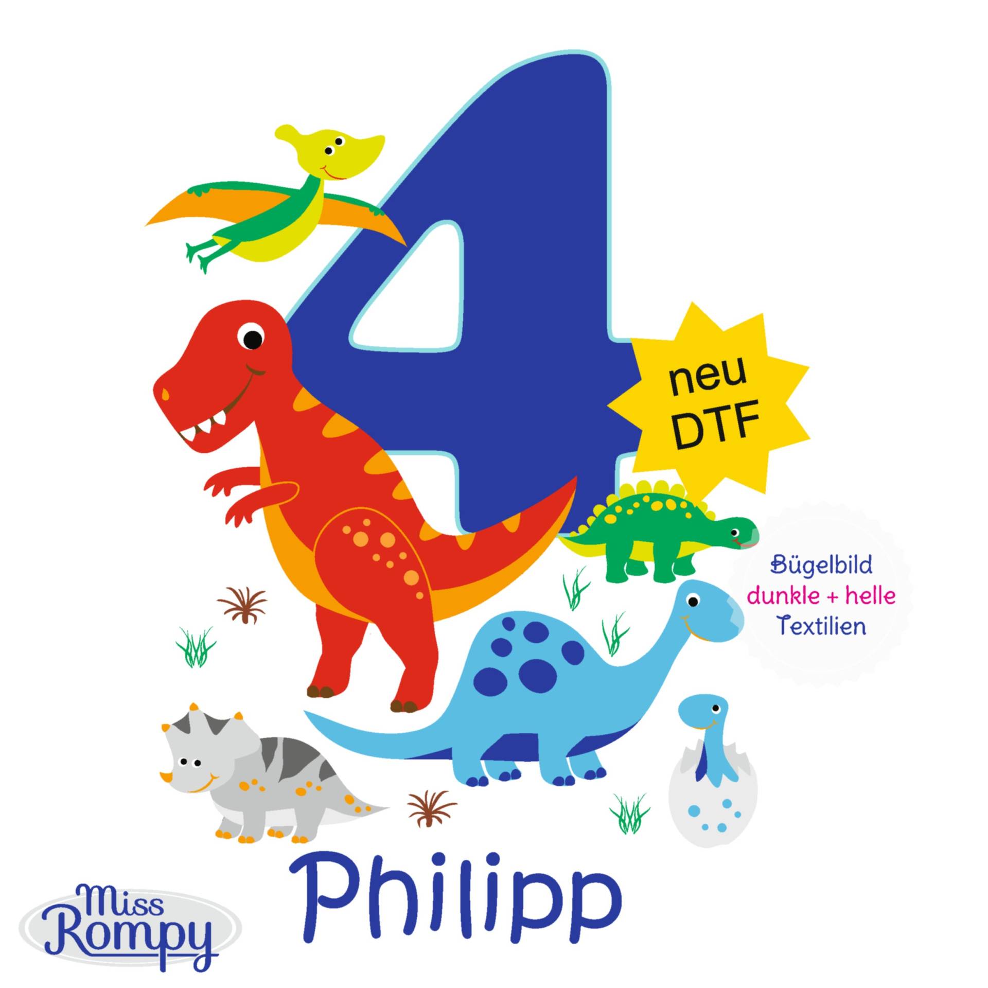 Missrompy | Dinos, | 875, Geburtstagsbügelbild, Name, Mit/Ohne, Zahl, 3 Größen, Aufbügeln, Bügelbild, Aufbügler, Applikation, Bügelsticker Missrompy | Dinos, | 875, Geburtstagsbügelbild, Name, Mit/Ohne, Zahl, 3 Größen, Aufbügeln, Bügelbild, Aufbügler, Applikation, Bügelsticker von MissRompy