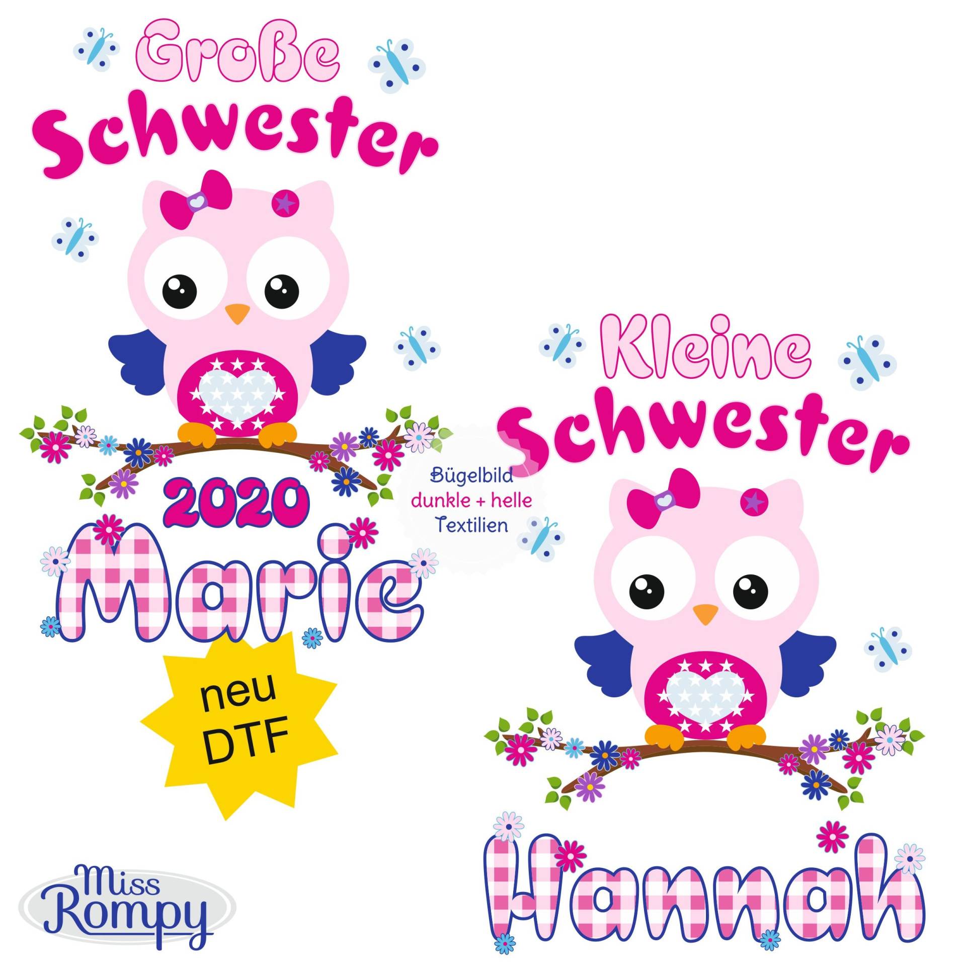 Missrompy | Dtf Eulen | 829 Bügelbild Kleine Schwester Große A4 Oder A5 Aufbügler Patch Applikation Geschwister Bügelbilder von MissRompy