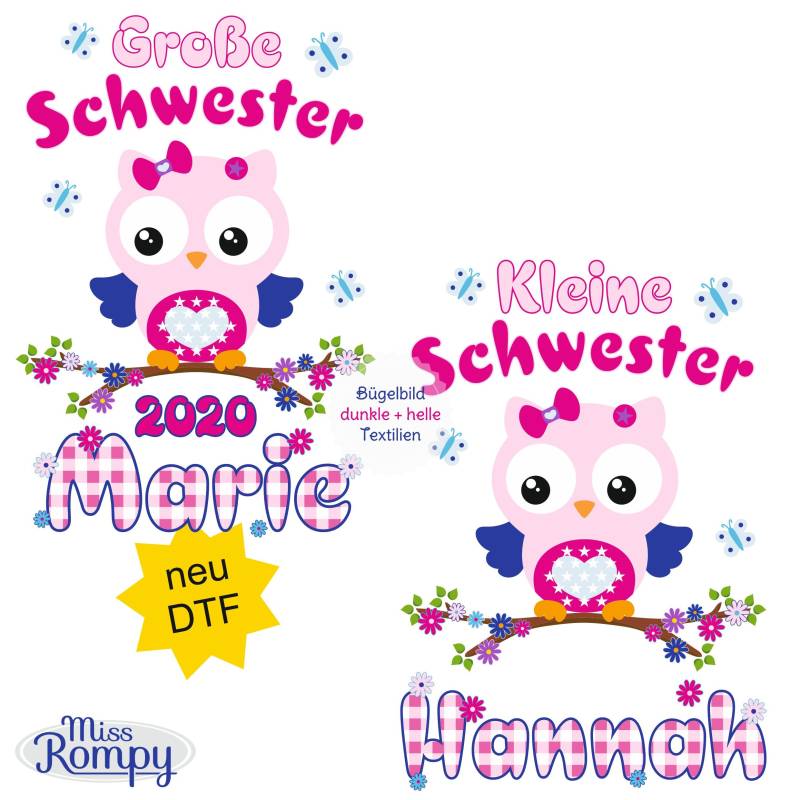 Missrompy | Dtf Eulen | 829 Bügelbild Kleine Schwester Große A4 Oder A5 Aufbügler Patch Applikation Geschwister Bügelbilder von MissRompy