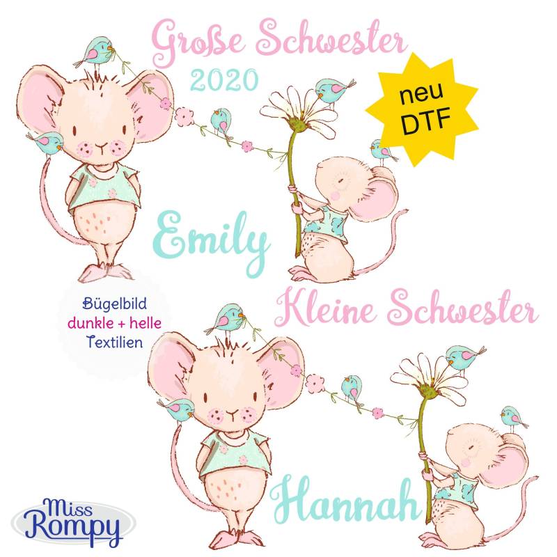 Missrompy | Dtf Maus | 805 Bügelbild Kleine Schwester Große A4 Oder A5 Aufbügler Patch Applikation Geschwister Bügelbilder von MissRompy