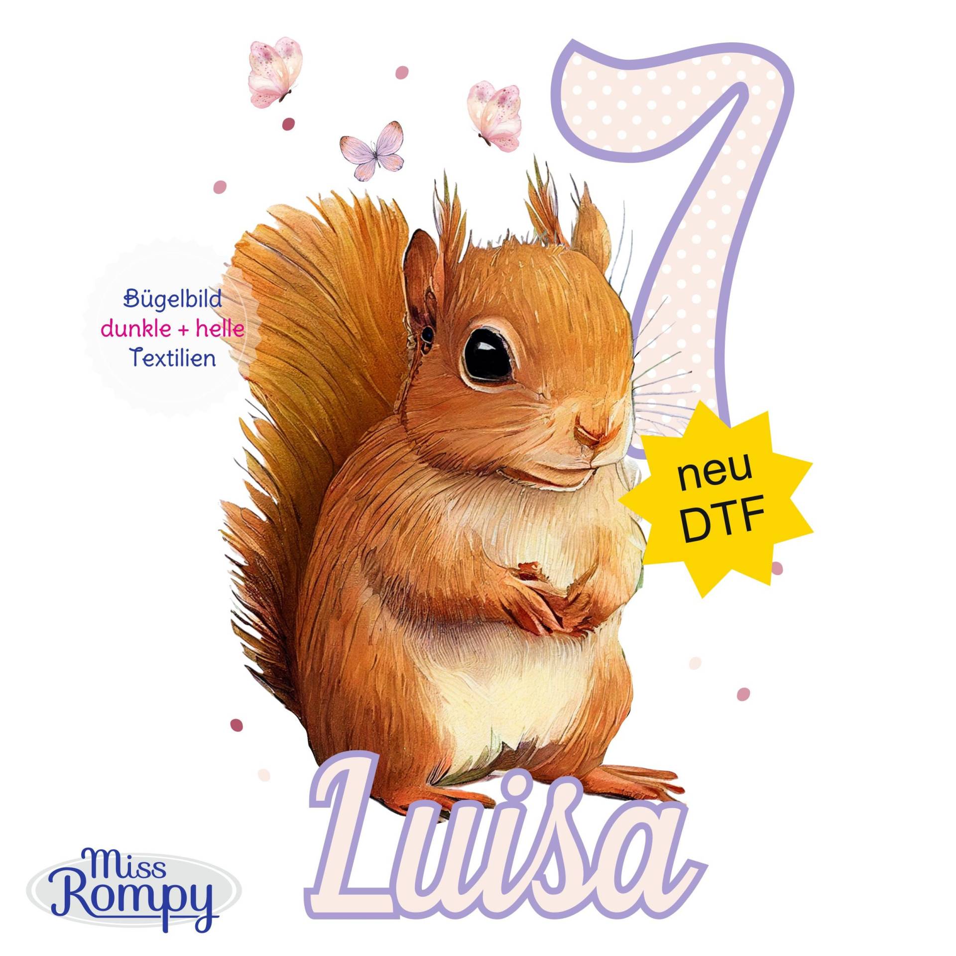 Missrompy | Eichhörnchen, | 643, Geburtstagsbügelbild, Name, Zahl, 3 Größen, Aufbügeln, Bügelbild, Aufbügler, Applikation, Bügelsticker von MissRompy