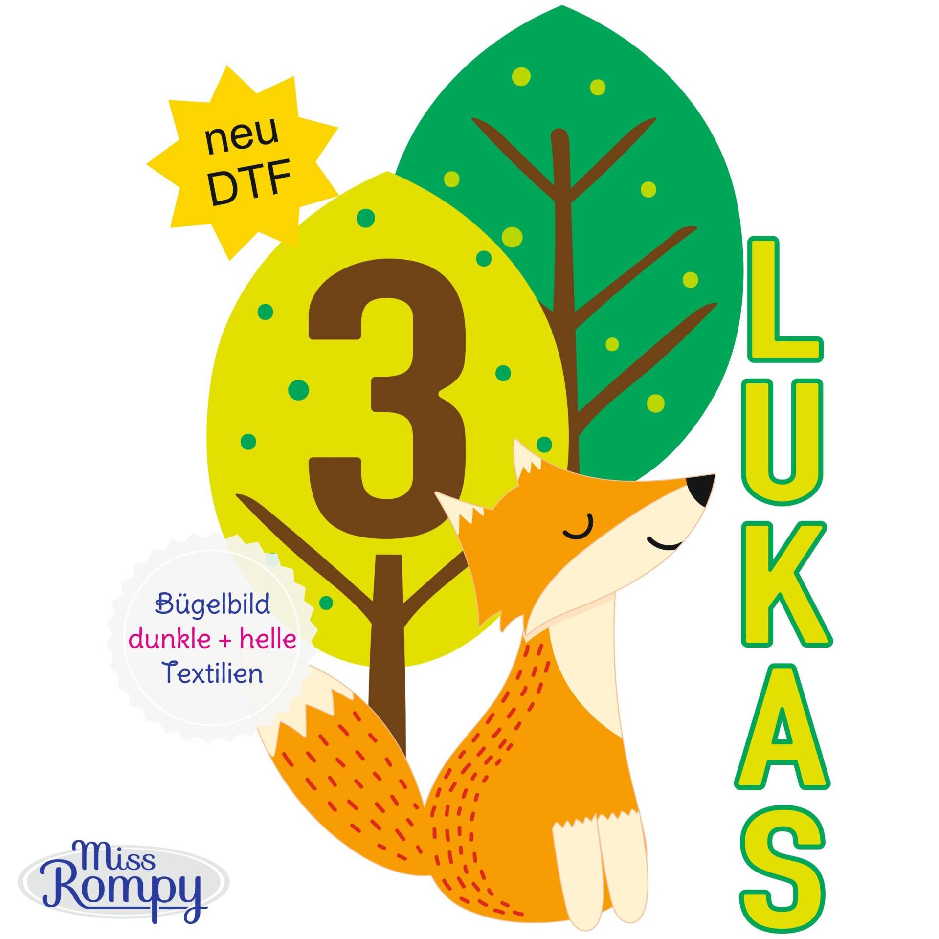 Missrompy | Fuchs, | 799, Geburtstagsbügelbild, Name, Patch, Zahl, 3 Größen, Aufbügeln, Bügelbild, Aufbügler, Applikation, Bügelsticker von MissRompy