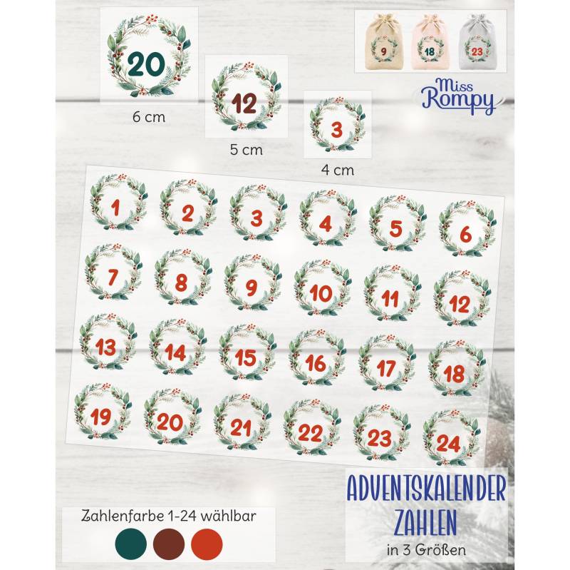 Missrompy | Kränze | 546 Adventskalenderzahlen 2 Farben Adventskalender Bügelbilder Bügelbild Weihnachten Nähen Adventskalender-Zahlen von MissRompy