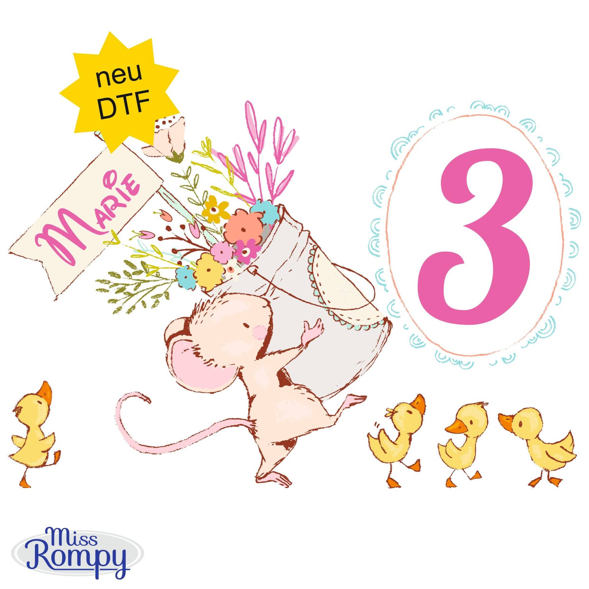 Missrompy | Maus, | 798, Geburtstagsbügelbild, Name, Patch, Zahl, 3 Größen, Aufbügeln, Bügelbild, Aufbügler, Applikation, Bügelsticker von MissRompy