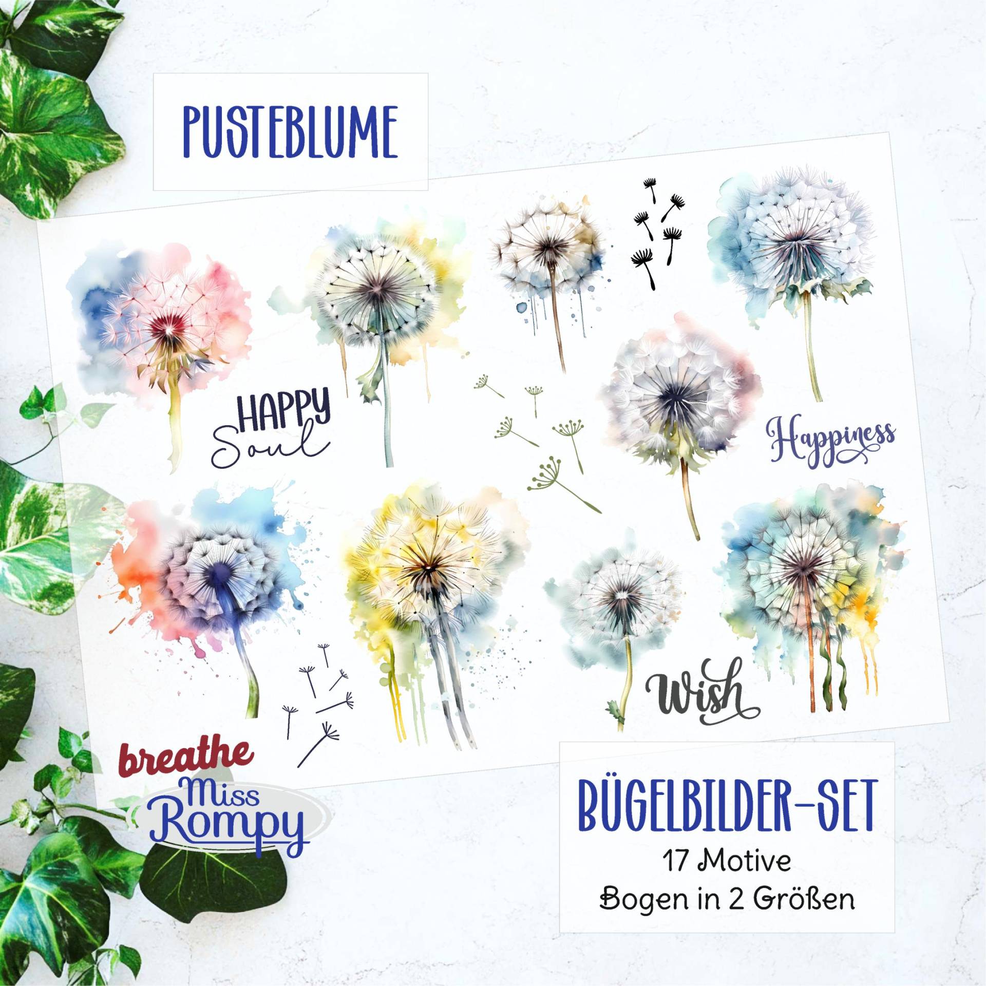 Missrompy | Pusteblumen, | 028-2, Bügelbilder, 17, Löwenzahn, Motive, Set, Blumenwiese, Blüten, Blume Zum Aufbügeln, Bügelbild, Aufbügler Missrompy | Pusteblumen, | 028-2, Bügelbilder, 17, Löwenzahn, Motive, Set, Blumenwiese, Blüten, Blume Zum Aufbügeln, Bügelbild, Aufbügler von MissRompy